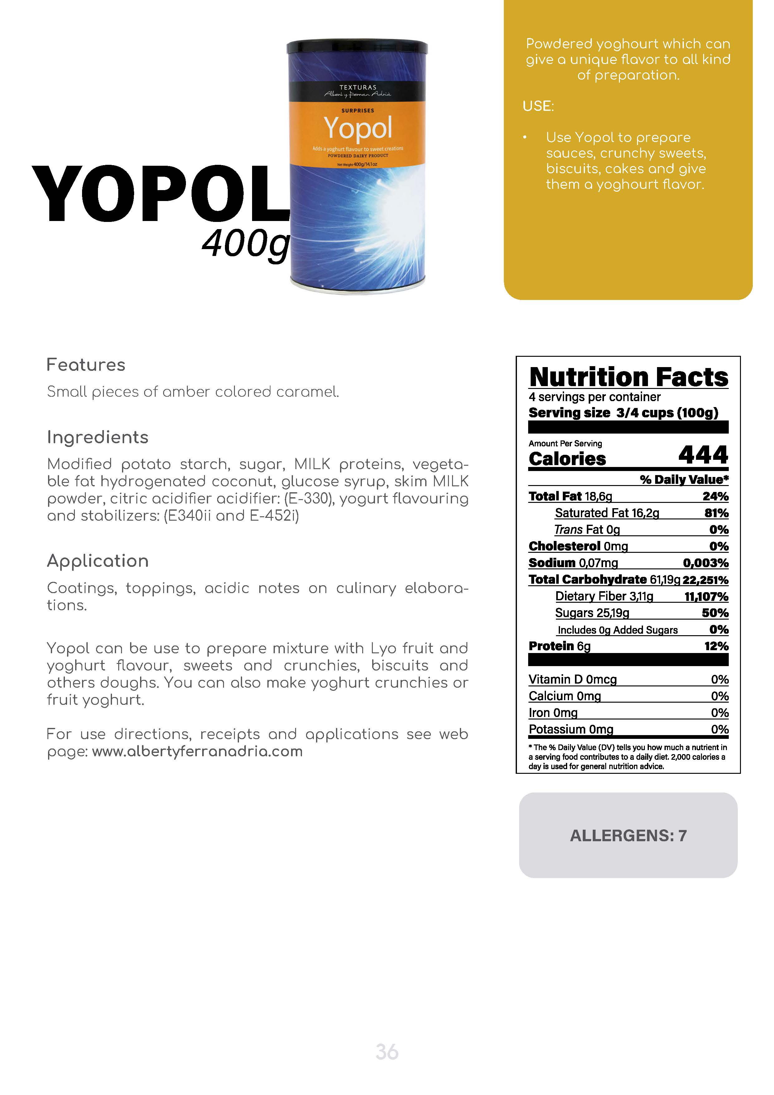 TEXTURAS Yopol Powdered Yogurt fact sheet