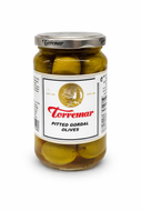 Glass jar of Torremar pitted Gordal green olives