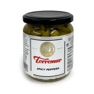 Torremar Spanish Piparras sweet peppers in glass jar showing pickled Basque peppers