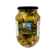 Torremar Queen Gordal olives with onion in oil La Abuela recipe jar from Spain